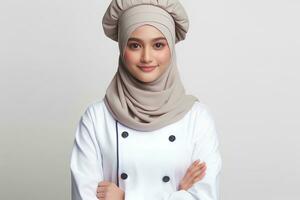 AI generated an Asian female chef wearing a hijab on a white background photo