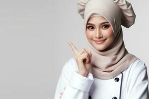 AI generated an Asian female chef wearing a hijab on a white background photo