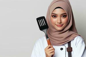 ai generado un asiático hembra cocinero en un hijab participación un espátula en un blanco antecedentes foto