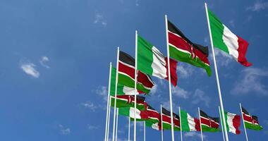 Kenya and Italy Flags Waving Together in the Sky, Seamless Loop in Wind, Space on Left Side for Design or Information, 3D Rendering video