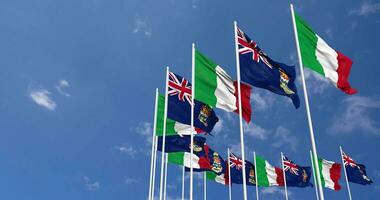 Cayman Islands and Italy Flags Waving Together in the Sky, Seamless Loop in Wind, Space on Left Side for Design or Information, 3D Rendering video