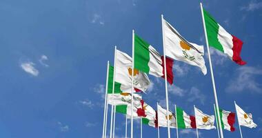 Cyprus and Italy Flags Waving Together in the Sky, Seamless Loop in Wind, Space on Left Side for Design or Information, 3D Rendering video