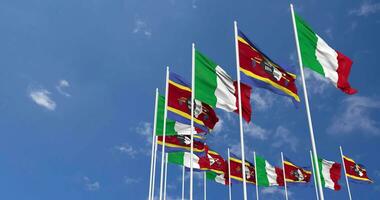 Eswatini and Italy Flags Waving Together in the Sky, Seamless Loop in Wind, Space on Left Side for Design or Information, 3D Rendering video