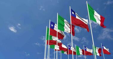 Chile and Italy Flags Waving Together in the Sky, Seamless Loop in Wind, Space on Left Side for Design or Information, 3D Rendering video