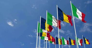 Chad and Italy Flags Waving Together in the Sky, Seamless Loop in Wind, Space on Left Side for Design or Information, 3D Rendering video