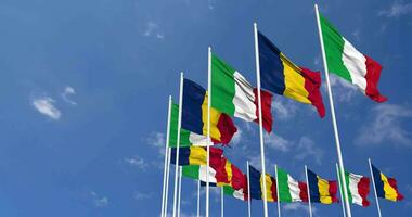 Chad and Italy Flags Waving Together in the Sky, Seamless Loop in Wind, Space on Left Side for Design or Information, 3D Rendering video