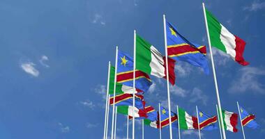 DR Congo and Italy Flags Waving Together in the Sky, Seamless Loop in Wind, Space on Left Side for Design or Information, 3D Rendering video