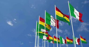 Ghana and Italy Flags Waving Together in the Sky, Seamless Loop in Wind, Space on Left Side for Design or Information, 3D Rendering video