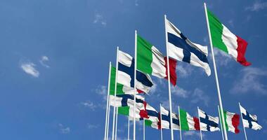 Finland and Italy Flags Waving Together in the Sky, Seamless Loop in Wind, Space on Left Side for Design or Information, 3D Rendering video