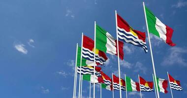 Kiribati and Italy Flags Waving Together in the Sky, Seamless Loop in Wind, Space on Left Side for Design or Information, 3D Rendering video