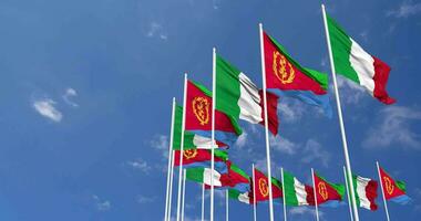 Eritrea and Italy Flags Waving Together in the Sky, Seamless Loop in Wind, Space on Left Side for Design or Information, 3D Rendering video