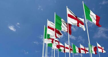 England and Italy Flags Waving Together in the Sky, Seamless Loop in Wind, Space on Left Side for Design or Information, 3D Rendering video