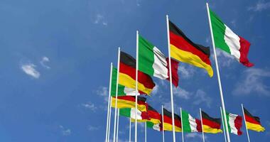 Germany and Italy Flags Waving Together in the Sky, Seamless Loop in Wind, Space on Left Side for Design or Information, 3D Rendering video