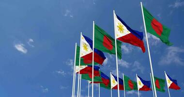 Philippines and Bangladesh Flags Waving Together in the Sky, Seamless Loop in Wind, Space on Left Side for Design or Information, 3D Rendering video