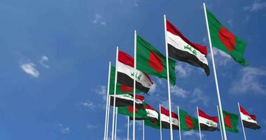 Iraq and Bangladesh Flags Waving Together in the Sky, Seamless Loop in Wind, Space on Left Side for Design or Information, 3D Rendering video