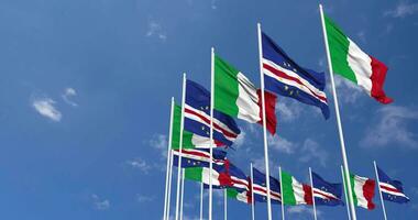 Cape Verde, Cabo Verde and Italy Flags Waving Together in the Sky, Seamless Loop in Wind, Space on Left Side for Design or Information, 3D Rendering video