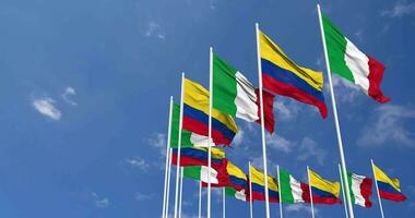 Colombia and Italy Flags Waving Together in the Sky, Seamless Loop in Wind, Space on Left Side for Design or Information, 3D Rendering video