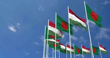 Hungary and Bangladesh Flags Waving Together in the Sky, Seamless Loop in Wind, Space on Left Side for Design or Information, 3D Rendering video