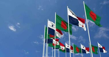 Panama and Bangladesh Flags Waving Together in the Sky, Seamless Loop in Wind, Space on Left Side for Design or Information, 3D Rendering video