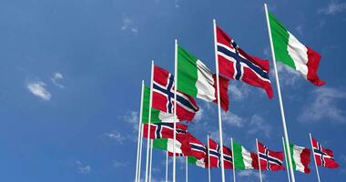 Norway and Italy Flags Waving Together in the Sky, Seamless Loop in Wind, Space on Left Side for Design or Information, 3D Rendering video