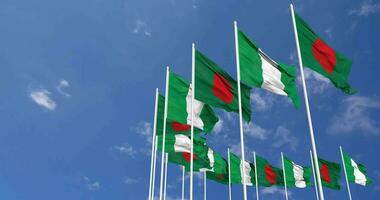 Nigeria and Bangladesh Flags Waving Together in the Sky, Seamless Loop in Wind, Space on Left Side for Design or Information, 3D Rendering video