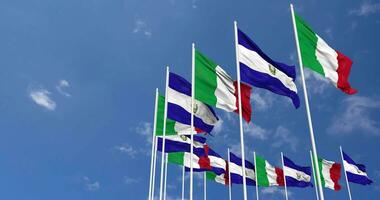 El Salvador and Italy Flags Waving Together in the Sky, Seamless Loop in Wind, Space on Left Side for Design or Information, 3D Rendering video