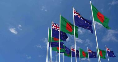 nuevo Zelanda y Bangladesh banderas ondulación juntos en el cielo, sin costura lazo en viento, espacio en izquierda lado para diseño o información, 3d representación video