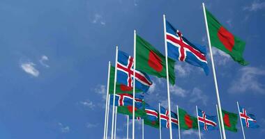 Iceland and Bangladesh Flags Waving Together in the Sky, Seamless Loop in Wind, Space on Left Side for Design or Information, 3D Rendering video