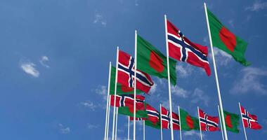 Norway and Bangladesh Flags Waving Together in the Sky, Seamless Loop in Wind, Space on Left Side for Design or Information, 3D Rendering video