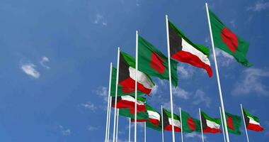 Kuwait and Bangladesh Flags Waving Together in the Sky, Seamless Loop in Wind, Space on Left Side for Design or Information, 3D Rendering video