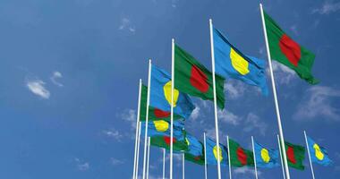 Palau and Bangladesh Flags Waving Together in the Sky, Seamless Loop in Wind, Space on Left Side for Design or Information, 3D Rendering video