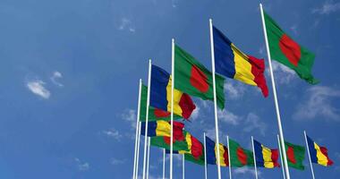 Romania and Bangladesh Flags Waving Together in the Sky, Seamless Loop in Wind, Space on Left Side for Design or Information, 3D Rendering video