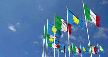 Palau and Italy Flags Waving Together in the Sky, Seamless Loop in Wind, Space on Left Side for Design or Information, 3D Rendering video