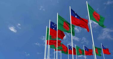Samoa and Bangladesh Flags Waving Together in the Sky, Seamless Loop in Wind, Space on Left Side for Design or Information, 3D Rendering video