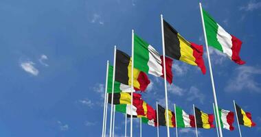 Belgium and Italy Flags Waving Together in the Sky, Seamless Loop in Wind, Space on Left Side for Design or Information, 3D Rendering video