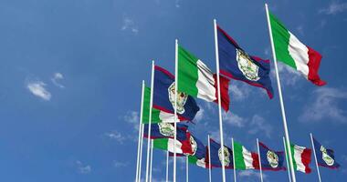 Belize and Italy Flags Waving Together in the Sky, Seamless Loop in Wind, Space on Left Side for Design or Information, 3D Rendering video