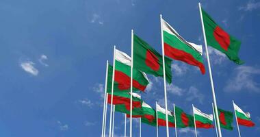 Bulgaria and Bangladesh Flags Waving Together in the Sky, Seamless Loop in Wind, Space on Left Side for Design or Information, 3D Rendering video