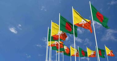 Bhutan and Bangladesh Flags Waving Together in the Sky, Seamless Loop in Wind, Space on Left Side for Design or Information, 3D Rendering video