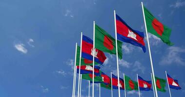 Cambodia and Bangladesh Flags Waving Together in the Sky, Seamless Loop in Wind, Space on Left Side for Design or Information, 3D Rendering video