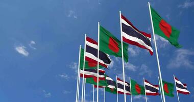 Thailand and Bangladesh Flags Waving Together in the Sky, Seamless Loop in Wind, Space on Left Side for Design or Information, 3D Rendering video