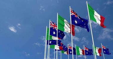 Australia and Italy Flags Waving Together in the Sky, Seamless Loop in Wind, Space on Left Side for Design or Information, 3D Rendering video