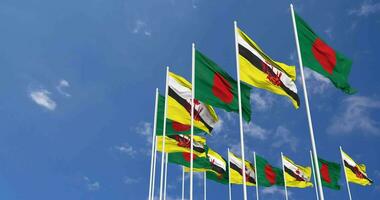 Brunei and Bangladesh Flags Waving Together in the Sky, Seamless Loop in Wind, Space on Left Side for Design or Information, 3D Rendering video