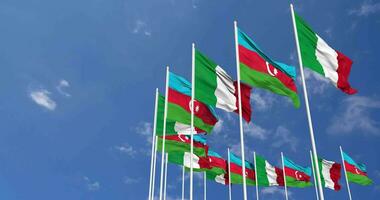 Azerbaijan and Italy Flags Waving Together in the Sky, Seamless Loop in Wind, Space on Left Side for Design or Information, 3D Rendering video