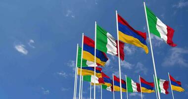 Armenia and Italy Flags Waving Together in the Sky, Seamless Loop in Wind, Space on Left Side for Design or Information, 3D Rendering video