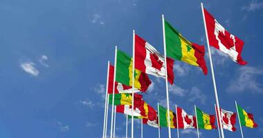 Senegal y Canadá banderas ondulación juntos en el cielo, sin costura lazo en viento, espacio en izquierda lado para diseño o información, 3d representación video