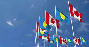 palau e Canada bandiere agitando insieme nel il cielo, senza soluzione di continuità ciclo continuo nel vento, spazio su sinistra lato per design o informazione, 3d interpretazione video