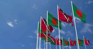 Trinidad and Tobago and Bangladesh Flags Waving Together in the Sky, Seamless Loop in Wind, Space on Left Side for Design or Information, 3D Rendering video