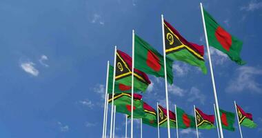 Vanuatu and Bangladesh Flags Waving Together in the Sky, Seamless Loop in Wind, Space on Left Side for Design or Information, 3D Rendering video