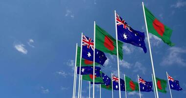 Australia and Bangladesh Flags Waving Together in the Sky, Seamless Loop in Wind, Space on Left Side for Design or Information, 3D Rendering video