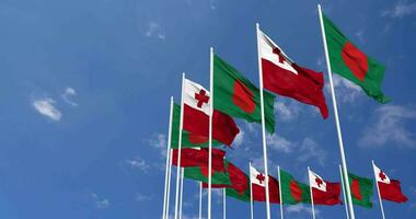 Tonga and Bangladesh Flags Waving Together in the Sky, Seamless Loop in Wind, Space on Left Side for Design or Information, 3D Rendering video